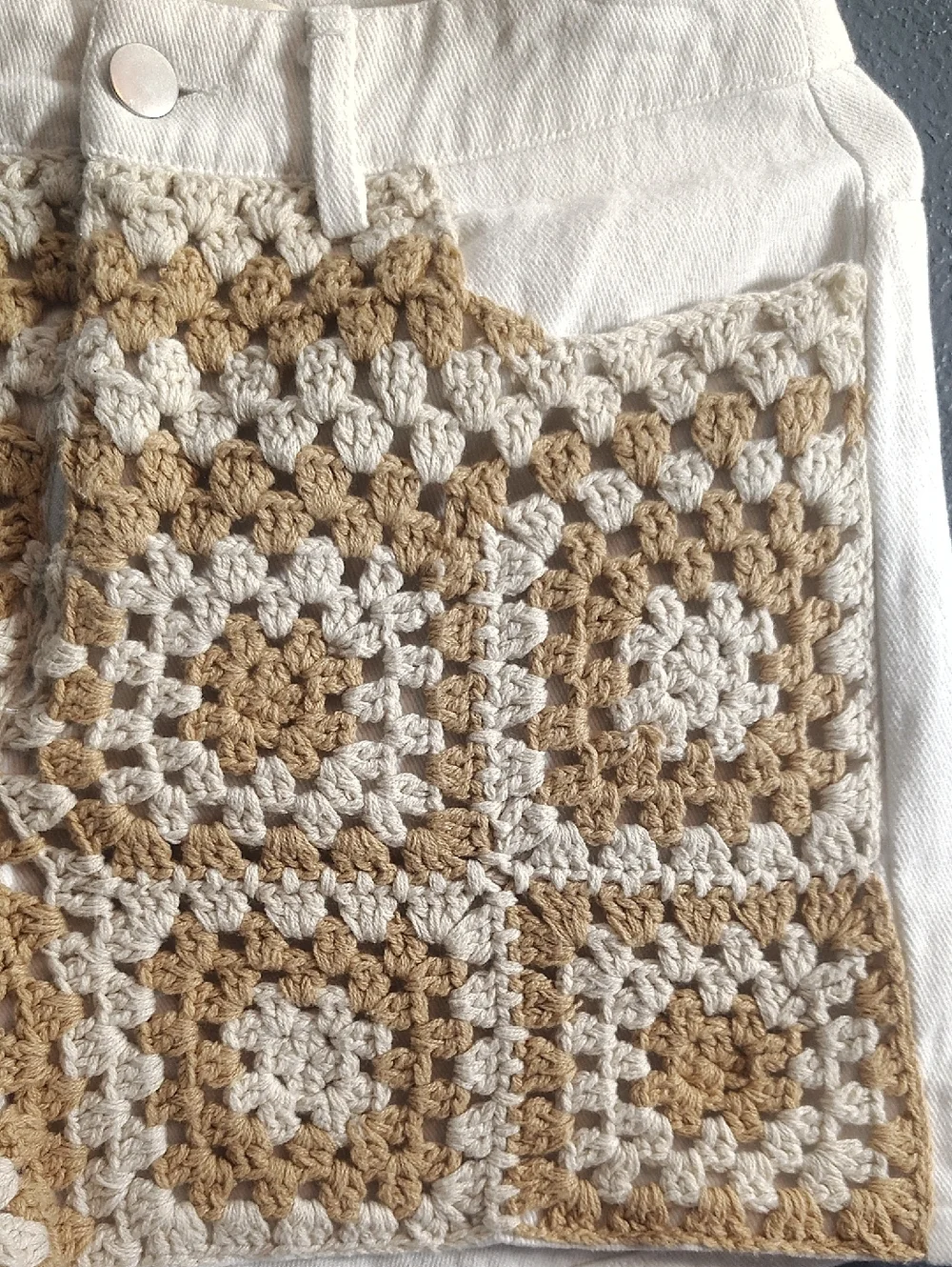 Grace White High-Waist Bohiemein 70s Artsy Crochet Denim Shorts